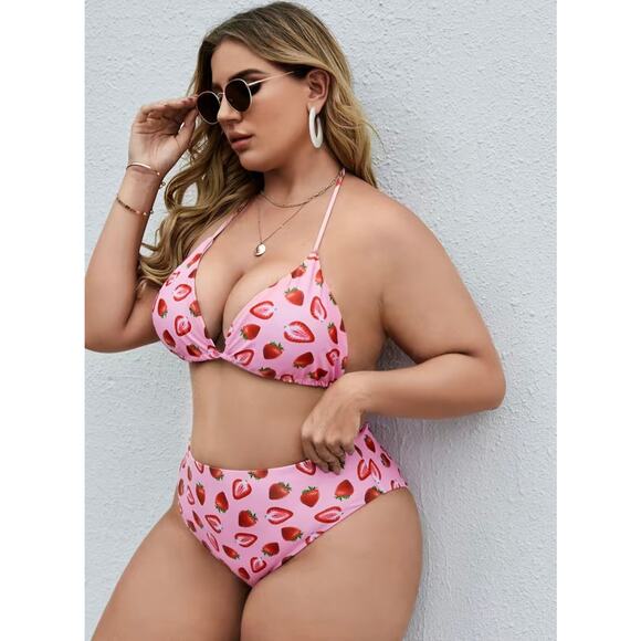 NEW Strawberry Print High Waist Triangle Top Bikini with Sarong Size 2XL C-G Cup - Picture 4 of 8
